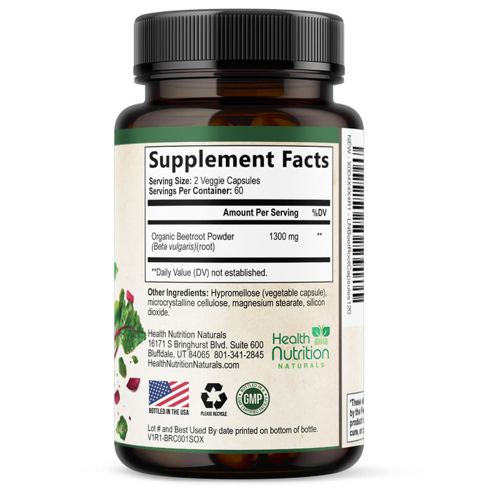 Beet Root Capsules 1300mg - Organic Red Beetroot Powder - 120 Vegan Capsules
