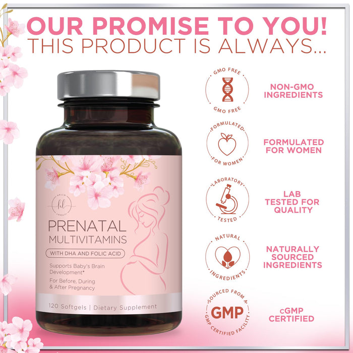 Prenatal Vitamins For Women With Folic Acid, DHA & Iron - Women's Prenatal Multivitamin, Essential Pre Natal Vitamins with Folate, Omega 3, D3, B12, Pregnancy Supplement for Mom & Baby - 120 Softgels