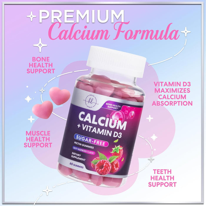 Calcium Supplement Gummy for Women & Men - Sugar Free Calcium with Vitamin D3, Bone Health & Immune Support, Supports Teeth & Bone Strength, Vitamin Calcium Chews, Non-GMO - 60 Gummies