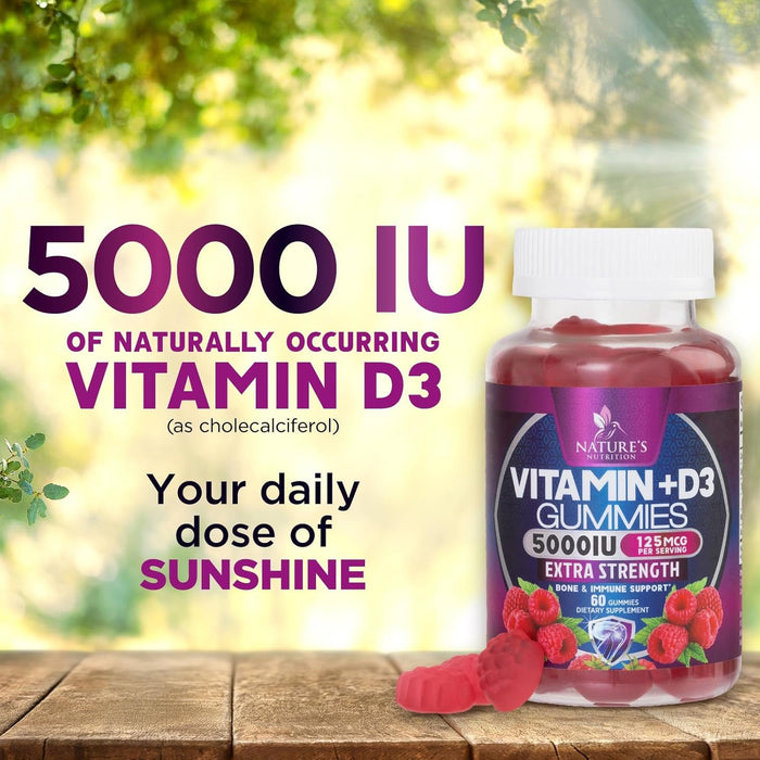 Vitamin D3 Gummies 5,000 IU Extra Strength 125 mcg D3 Supplement Gummy - Support Natural Bone, Muscle, & Immune Health - Gluten Free - Non-GMO - Nature's Raspberry Flavor