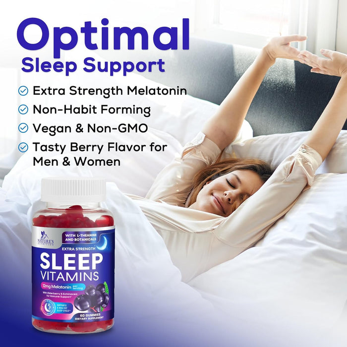 Sleep Vitamins - Fast Acting & Non-Habit Forming Sleep Gummy Supplement for Adults - Fall Asleep Naturally with 12mg Melatonin, Chamomile & Zinc, Restful Sleep & Muscle Support - 60 Gummies