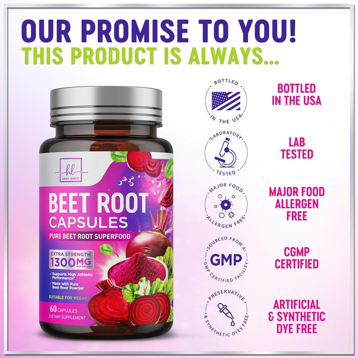 Organic Beet Root Capsules 1300mg - Extra Strength Beetroot Powder Supplement - Supports Blood Pressure, Athletic Performance & Immune System, Non-GMO, Gluten Free - Bottled in the USA - 60 Capsules