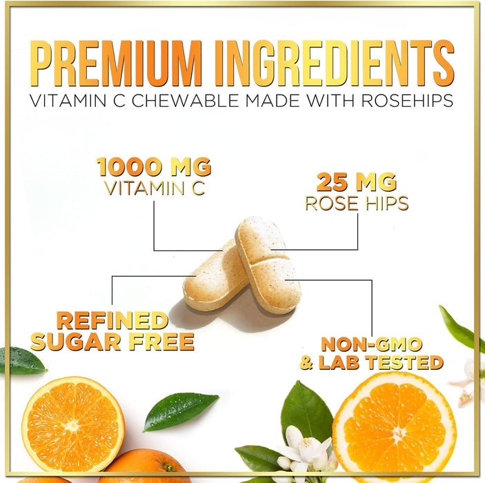 Vitamin C Supplement 1000mg - Extra Strength with Rose Hips Bioflavonoids - Sugar Free Vitamin C Chewable Pills, Nature's Vit C for Immune Support & Antioxidant Protection - 120 Chewable Tablets