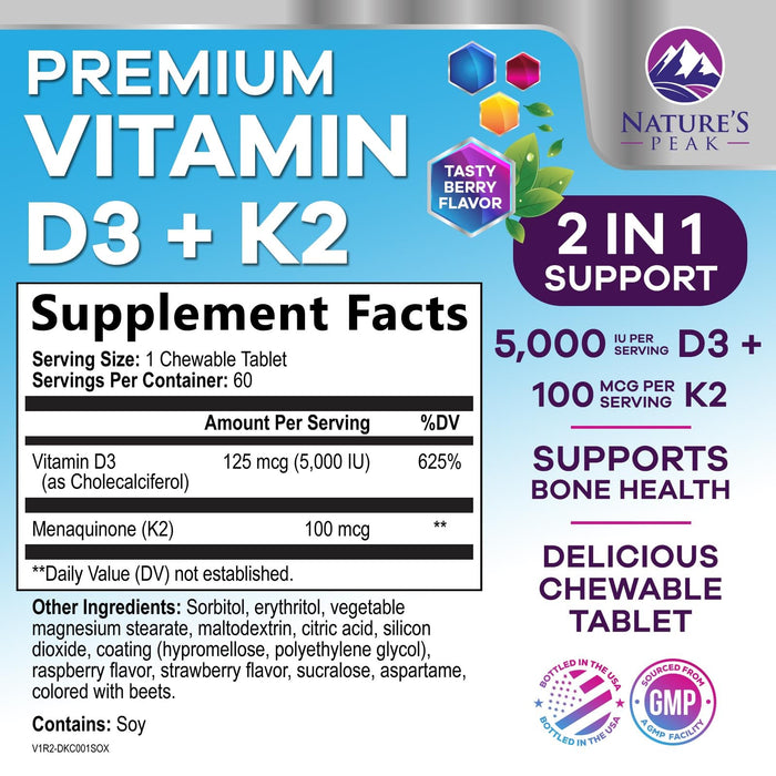 Vitamin D3 K2 – 5000 IU – 60 Tablets