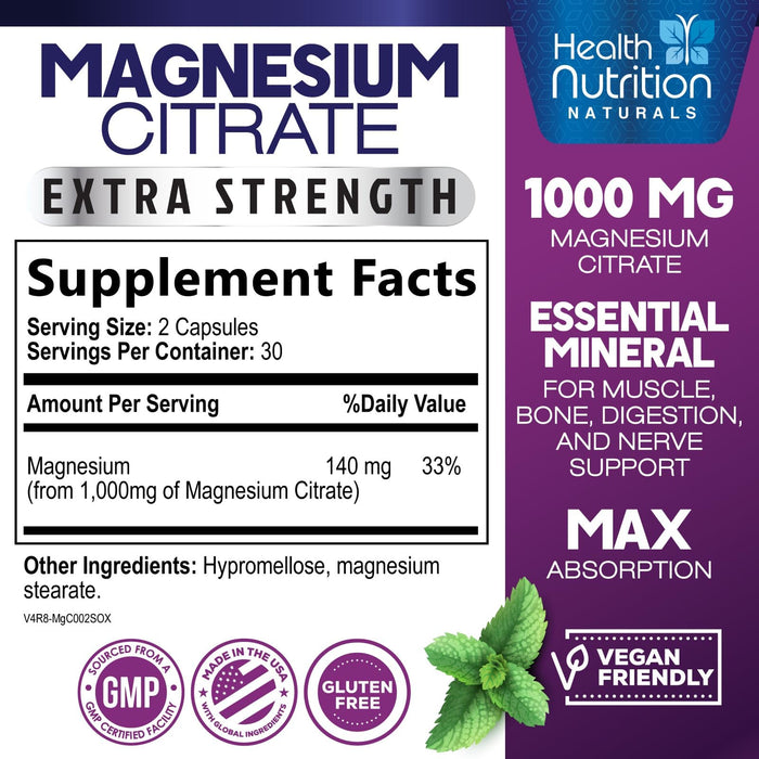 Magnesium Citrate Capsules 1000mg - Max Absorption Magnesium Powder for Muscle, Nerve, Bone and Heart Health Support, High Absorption Citrate Complex, Gluten Free, Non-GMO - 60 Capsules