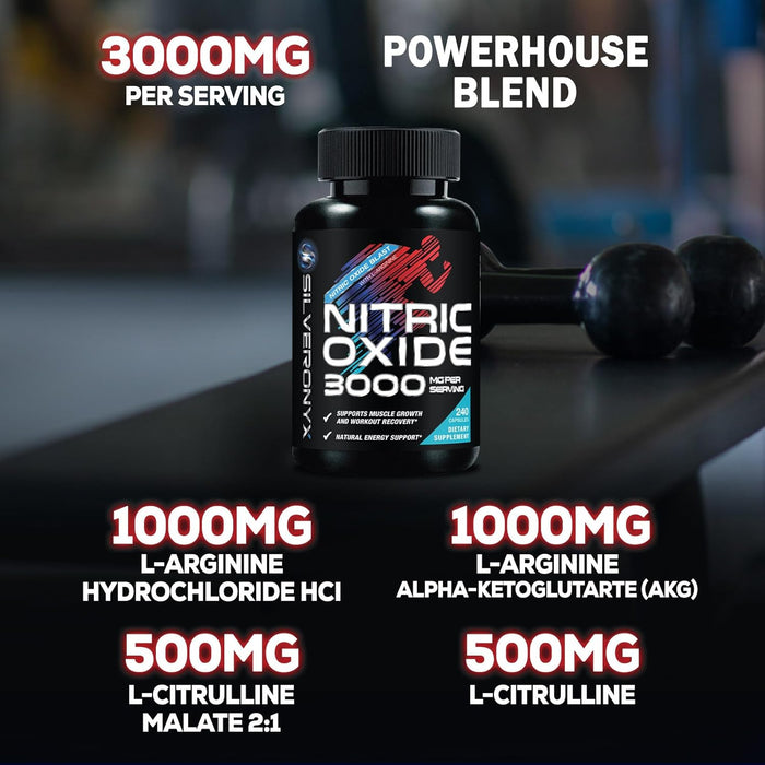 Extra Strength Nitric Oxide Supplement 3X Strength L Arginine, Citrulline Malate, AAKG, Beta Alanine - Premium Muscle Supporting Nitric Booster - Natural Energy & Heart Health Support - 240 Capsules