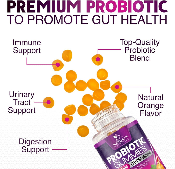 Nature's Nutrition Probiotics for Women & Men Gummy, Extra Strength 5 Billion CFU, Lactobacillus Acidophilus Daily Probiotic Supplement, Supports Immune & Digestive Health, Orange Flavor