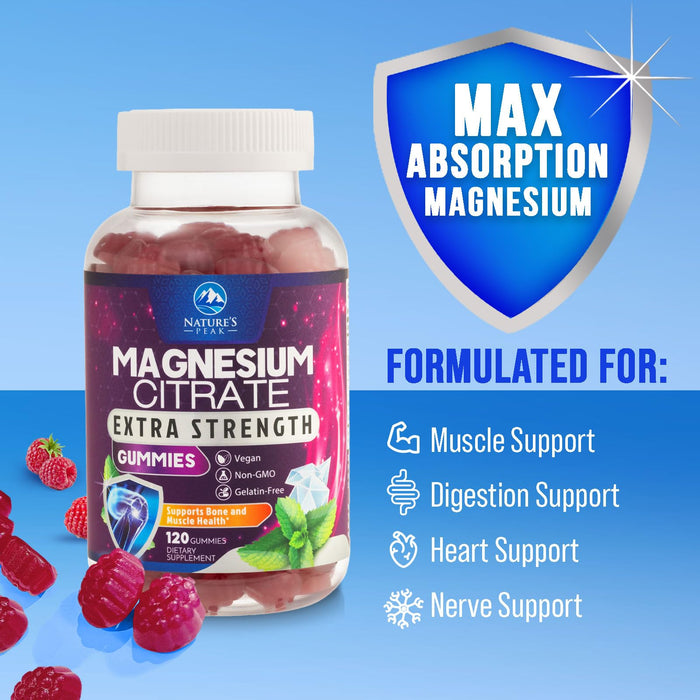 Magnesium Citrate Supplement Gummies - High Absorption Magnesium Gummy for Adults & Kids, Magnesio Citrate Supplements for Bone, Muscle Health, Heart Support, Vegan, Gluten Free, Non-GMO - 120 Gummies
