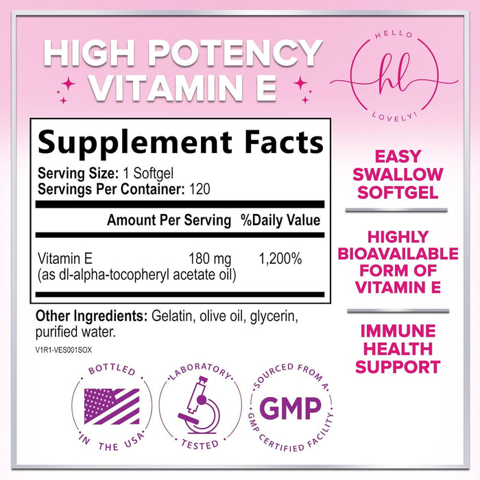 E Vitamin for Women and Men - 180 mg (400 IU) dl-Alpha - Powerful Antioxidant Dietary Supplement - Hair, Skin, & Immune Health Support - Easily Absorbed Form, Non-GMO & Gluten Free