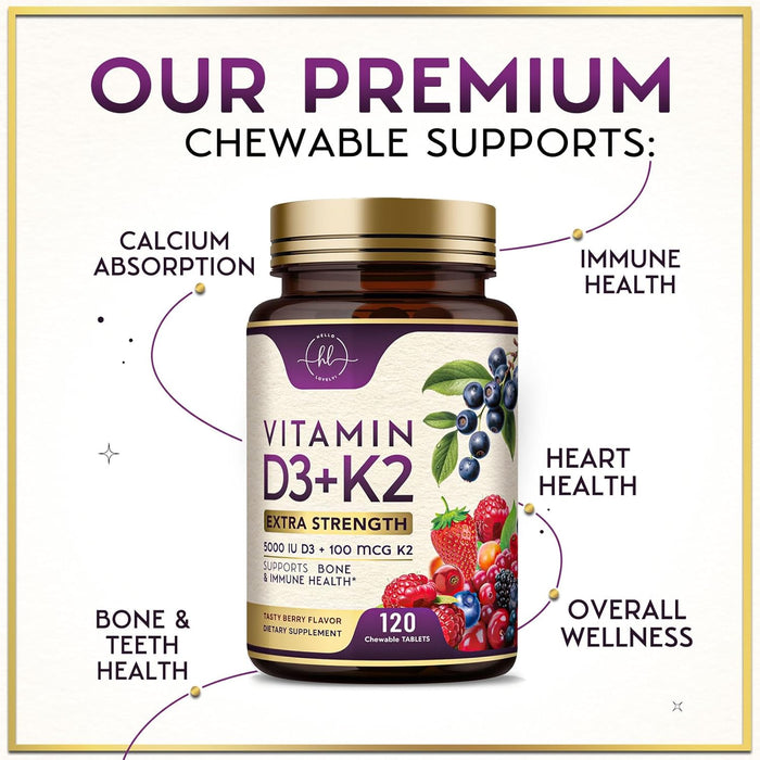 Vitamin D3 K2 - 5000 iu Vitamin D3 Per Serving Vitamin K2 (MK-7) Complex for Immune Support - Natural Bone, Teeth & Muscle Health Support - Berry Chewable, Gluten Free, Bottled in USA - 120 Tablets