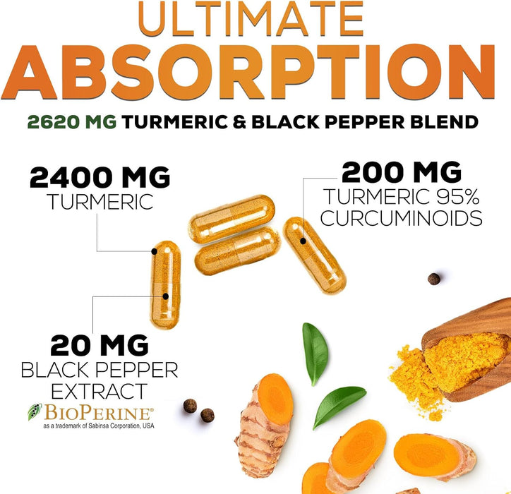 Turmeric Curcumin Supplement with BioPerine 95% Standardized Curcuminoids 2600mg - Black Pepper for Max Absorption, Vegan Joint Support, Nature's Tumeric Herbal Extract Vegan Non-GMO