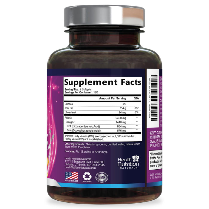 Omega 3 Fish Oil 2400 mg - Triple Strength Omega3, EPA & DHA Fatty Acids Supplement - Natural Support for Immune, Heart & Brain Health - Wild Caught, Non-GMO, Lemon Flavor, Burpless - 240 Softgels