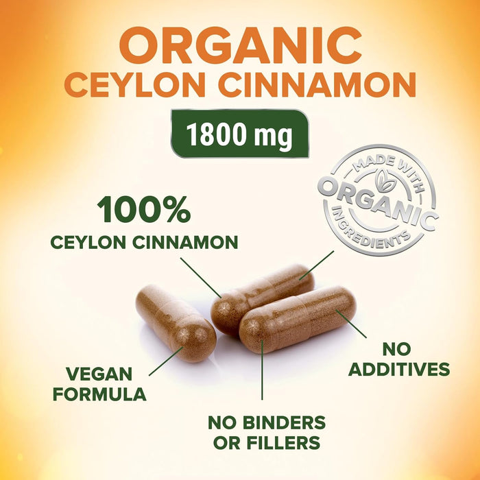 Ceylon Cinnamon Capsules - Certified Organic Cinnamon Pills, Non-GMO, Dairy & Gluten Free, Sri Lanka Cinnamon Powder Supplement, Vegan True Cinnamomum Vitamins, Sugar Free, Cinnamon Capsules