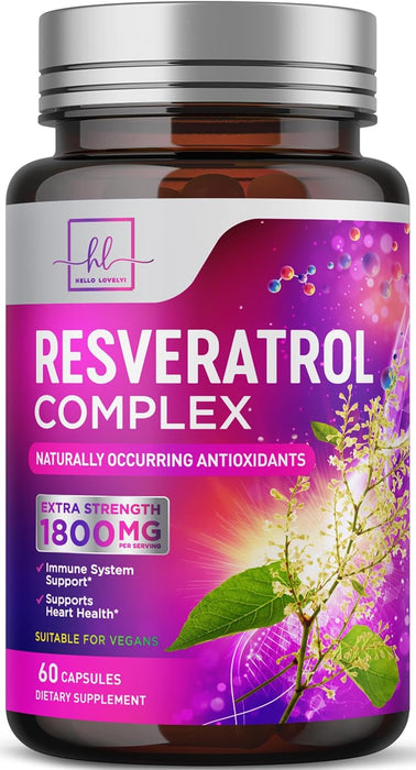 Resveratrol Supplement 1800mg - Extra Strength Antioxidant Complex for Healthy Aging & Immune Support, Heart Health & Cellular Energy Support, Bioavailable Trans-Resveratrol - 60 Vegan Capsules