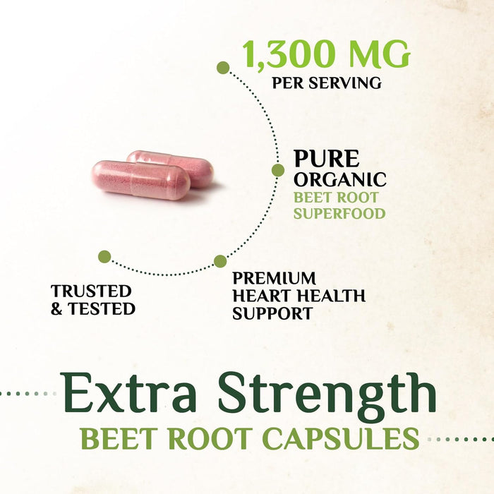 Beet Root Capsules 1300mg - Organic Extra Strength Red Beetroot Powder Supplement – Supports Nitric Oxide Production, Heart Health & Athletic Performance, Pure Beetroot Superfood – 60 Vegan Capsules