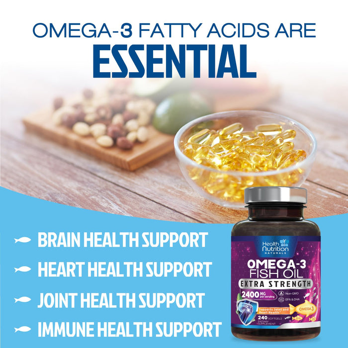 Omega 3 Fish Oil 2400 mg - Triple Strength Omega3, EPA & DHA Fatty Acids Supplement - Natural Support for Immune, Heart & Brain Health - Wild Caught, Non-GMO, Lemon Flavor, Burpless - 240 Softgels