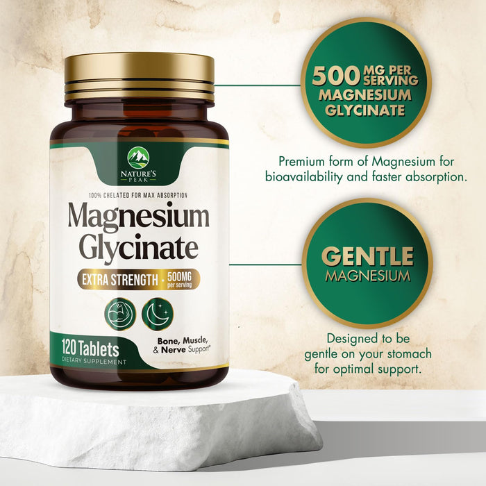 Magnesium Glycinate 500mg - Chelated for Ultra Absorption - Supports Bone, Muscle, Nerves & Heart Health, Nature's Sleep Support, Best Magnesium Supplement Pills for Whole Body Support - 120 Tablets