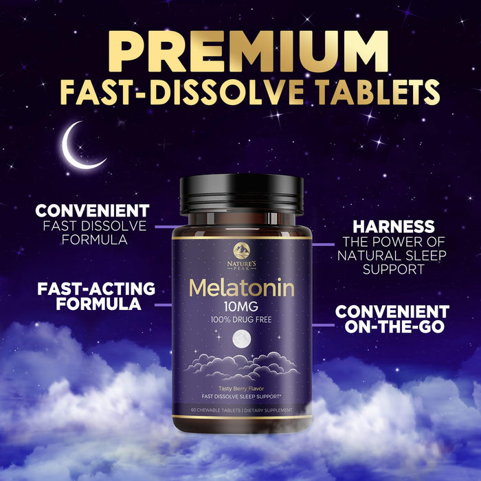 Melatonin 10mg - Sleep Support Supplements for Adults - Extra Strength Fast Dissolve 10 mg Melatonin Tablets for Restful Sleep Support, Natural Strawberry Flavor, Sugar-Free Non-GMO - 60 Day Supply