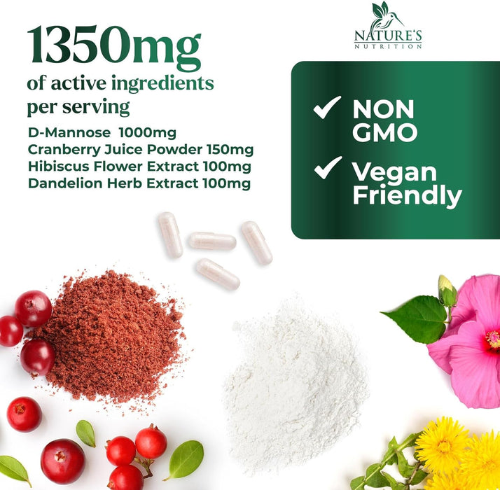 D-Mannose & Cranberry Extract 1350mg Advanced Formula, Fast-Acting Natural Urinary Tract Health Support for Women & Men, Flush Impurities in Urinary Tract & Bladder, Non-GMO, Vegan