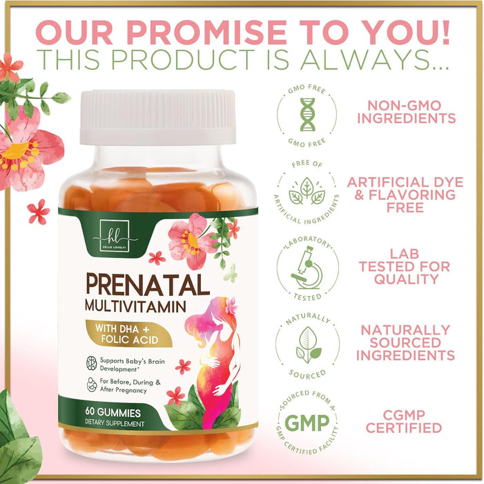 Hello Lovely! Prenatal Gummy Vitamins w/Folic Acid & DHA, Womens Prenatal Multivitamin, Choline, Vitamins B6, B12, C, D3 & Folate for Pregnancy Support Supplement, Non-GMO Gluten Free