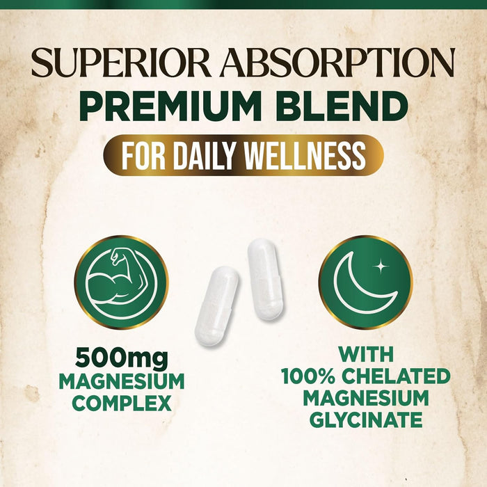 Magnesium Complex 500mg Supplement - Best Blend of Glycinate, Citrate, Malate & Oxide, Supports Sleep, Muscle, Bone & Heart Health, High Absorption, Chelated Magnesium Mineral Supplement, 120 Capsules