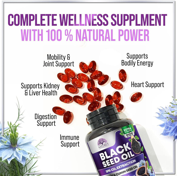 Black Seed Oil - 100% Cold Pressed Blackseed Oil, Vegan 1000mg - Extra Strength Nigella Sativa for Joint, Hair, Skin & Immune Support, Pure Black Cumin Seed Oil Antioxidant, Non-GMO - 60 Capsules