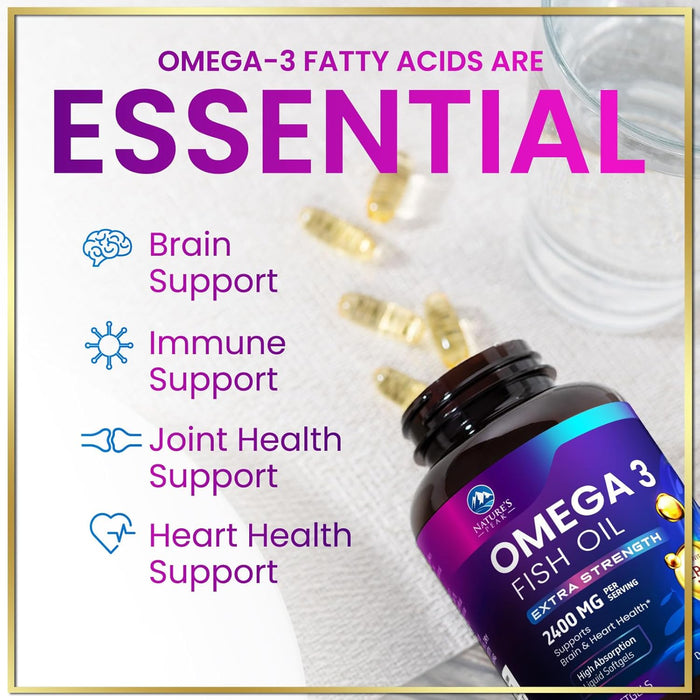 Omega 3 Fish Oil Triple Strength 2400 mg Rapid Release Softgels, Omega-3 Supplements, Natural Brain Heart Joint Health & Immune Support - Fatty Acids with EPA & DHA - Fish Oil Supplement