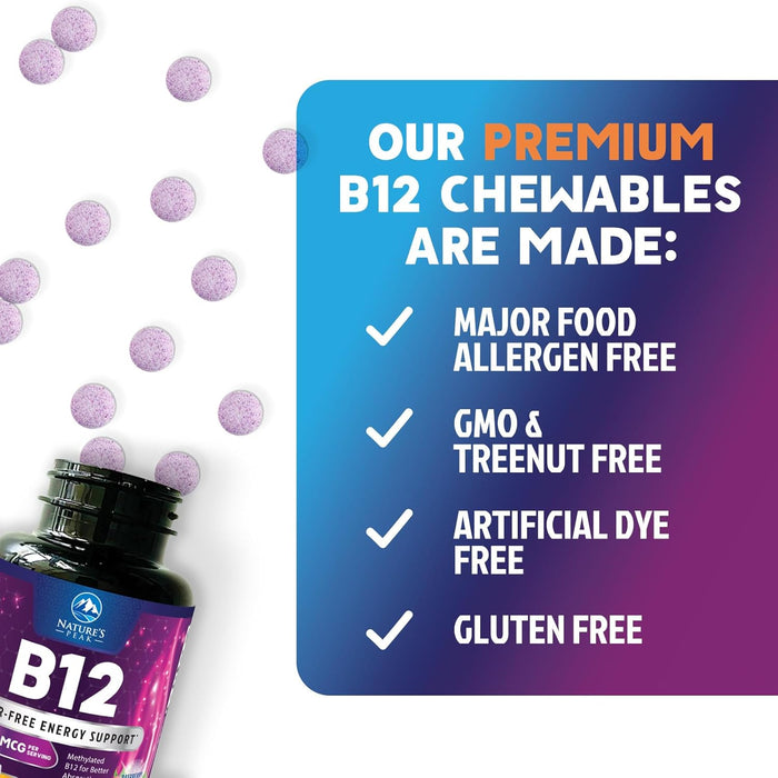 Vitamin B12 1000 mcg (Methylcobalamin) Super B 12 Complex Dietary Supplement For Energy & Immune Support, Vegan, Sugar-Free, Sublingual, Tasty Raspberry Flavor - 120 Chewable Tablets
