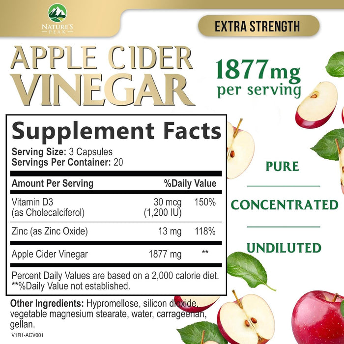 Apple Cider Vinegar Capsules - Extra Strength ACV Supplement with Vitamin D3 & Zinc for Energy, Digestion & Immune Support Balance - Non-GMO, Gluten-Free ACV Pills for Detox & Cleanse