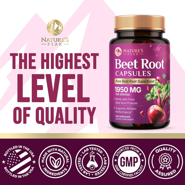 Beet Root Capsules 1950mg - Organic Beetroot Powder in Vegan Capsules - Premium Beet Root Powder Supplement Supports Nitric Oxide Production, Heart Health & Natural Energy - Bottled in USA - 120 Count