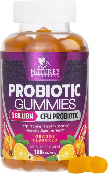 Nature's Nutrition Probiotics for Women & Men Gummy, Extra Strength 5 Billion CFU, Lactobacillus Acidophilus Daily Probiotic Supplement, Supports Immune & Digestive Health, Orange Flavor