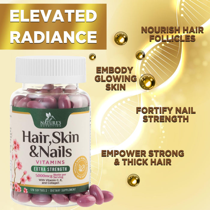 Hair Vitamins Biotin 5000 mcg Collagen for Hair Skin and Nails Vitamin Nature's – 120 Softgels