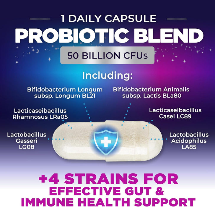 Probiotics 60 Billion CFU - 10 Strains + Digestive Enzymes & Prebiotics - Best Probiotic for Women & Men, Supports Immune, Gut Health, Occasional Constipation, Diarrhea, Gas & Bloating - 120 Capsules