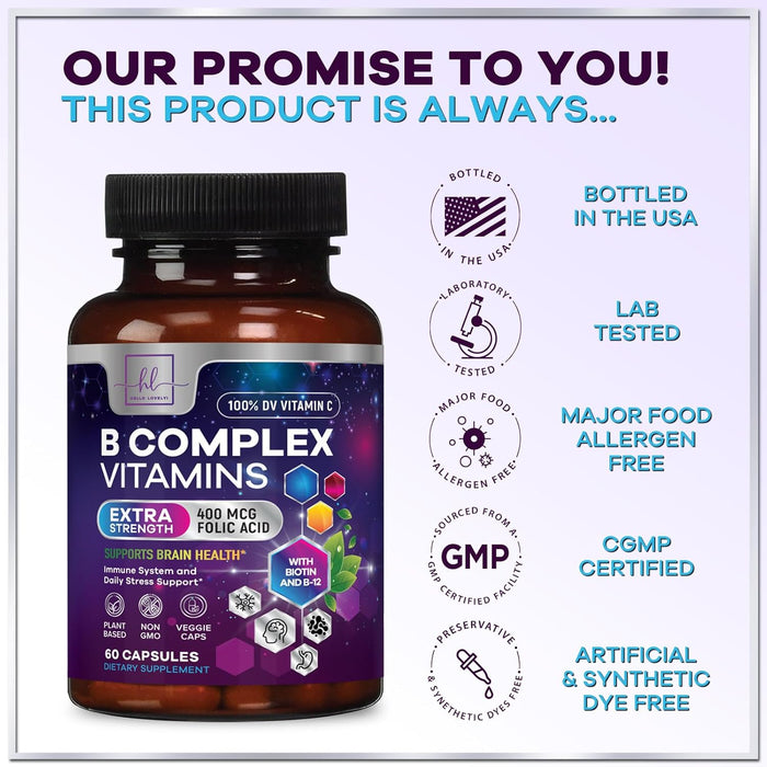 B Complex Vitamin Supplement 1000mcg - 3X Strength with Vitamin C & Folic Acid - Super B12 Complex Vitamins for Energy, Supports Hair Growth, Immune Support for Women & Men, USA Bottled, 60 Capsules