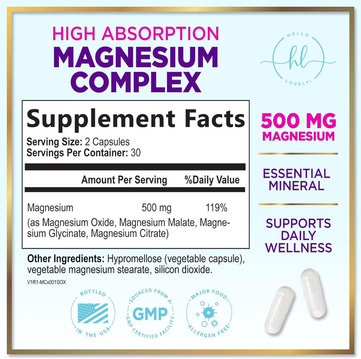 Magnesium Complex 500 mg - Best Blend of Glycinate, Citrate, Malate & Oxide - Supports Sleep, Muscle, Bone & Heart Health - High Absorption, Chelated Magnesium Mineral Supplement - 60 Capsules