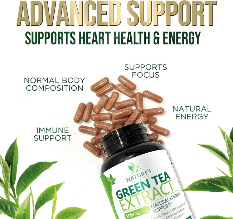 Green Tea Extract Capsules 1000mg 98% Standardized EGCG - 3X Strength for Natural Energy - Heart Support with Polyphenols - Gentle Caffeine