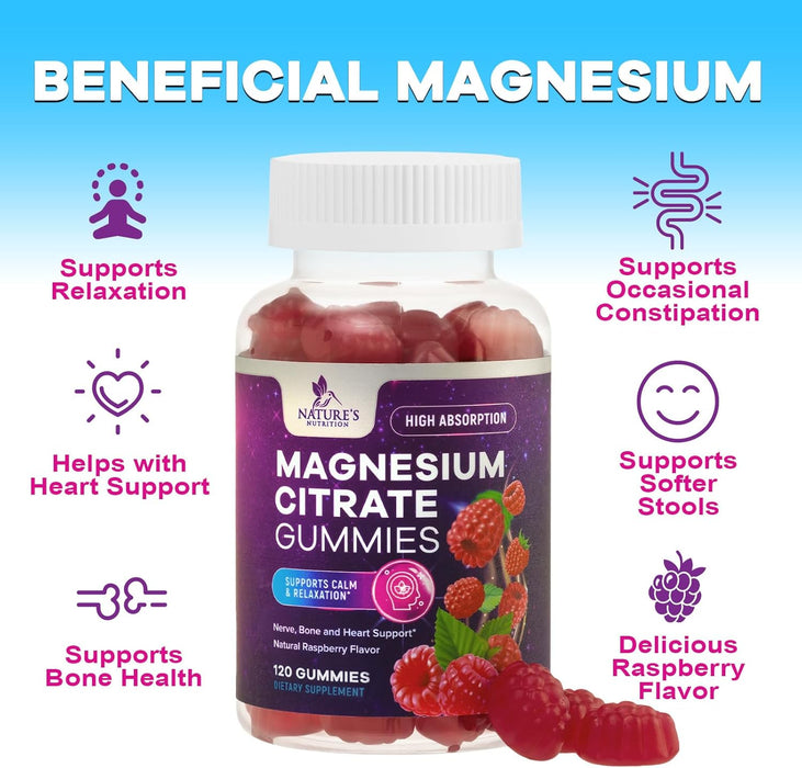 Magnesium Gummies - High Absorption Magnesium Citrate Supplement for Adults & Kids - Nature's Calm Magnesium Gummies Dietary Supplements for Bone, Muscle Health, Heart Support