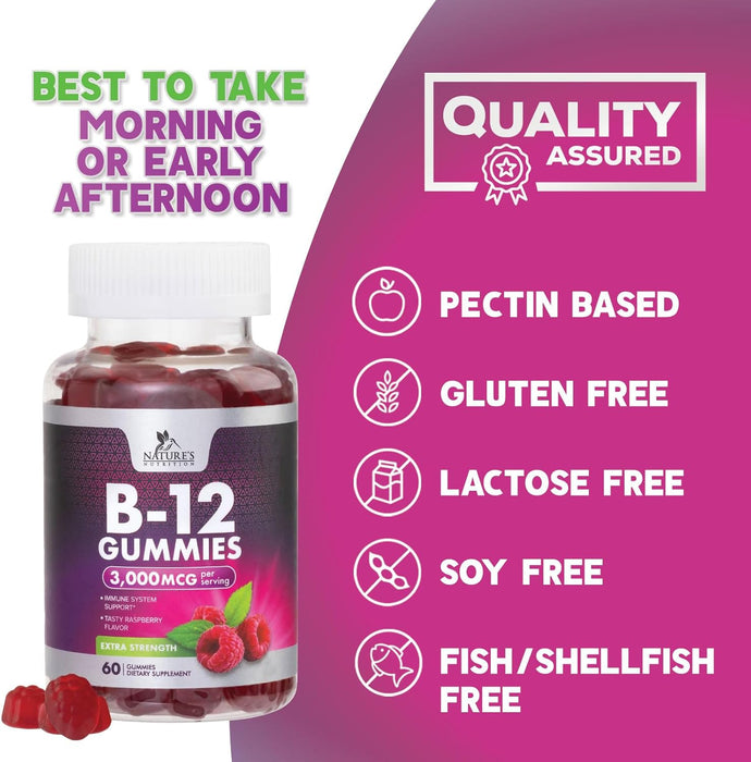 Vitamin B12 Gummies 3000 mcg, Extra Strength B 12 Gummy for Adults and Kids, B-12 Energy & Immune System Support Vitamins, Dietary Supplement, Raspberry Flavored