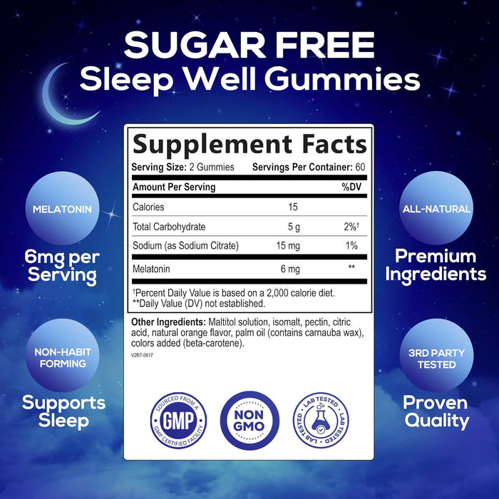 Sleep Melatonin Gummies for Adults Sugar Free - Natural Melatonin Sleep Gummy, Extra Strength Gummy Supplements, Sleep Support Vitamin Supplement, Vegan, Gelatin Free, 6mg, Sleep Gummies - 60 Gummies