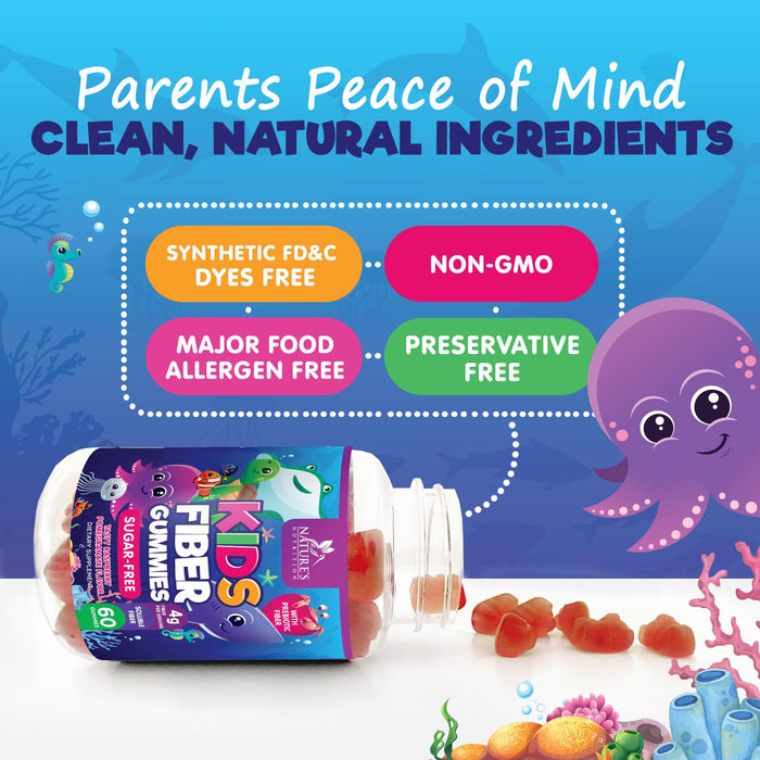 Kids Fiber Gummies â€“ Sugar Free Prebiotic Fiber Supplement for Digestive Health, Regularity & Immune Support â€“ 4g Plant-Based Fiber â€“ Natural Raspberry Flavor â€“ Vegan, Gluten-Free â€“ 60 Gummies