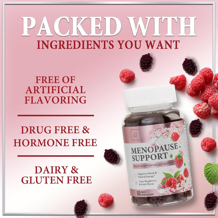Menopause Supplements for Women Gummy - Multibenefit Menopause Relief Gummies, Natural Hot Flash and Night Sweats Support - Energy Support Supplement, Raspberry Pomegranate - 60 Gummies