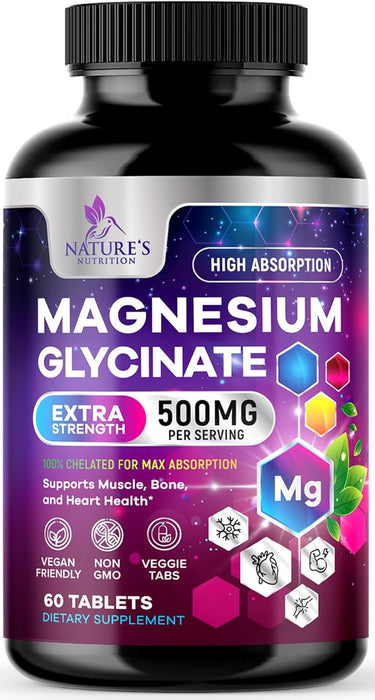 Magnesium Glycinate 425 mg with Calcium - Max Absorption Magnesium Tablets for Muscle, Nerve, Bone & Heart Health Support - Vegan, Non-GMO, Gluten Free Nature's Nutrition Supplement