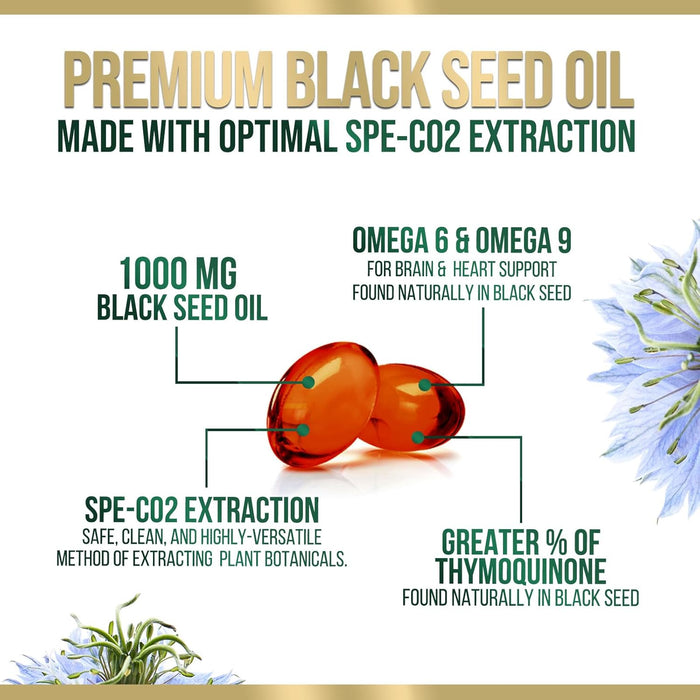 Premium Black Seed Oil Capsules Vegan Cold-Pressed 1000mg - Extra Strength Nigella Sativa Black Seed Oil, Nature's Pure Black Cumin Seed Oil for Immune, Hair and Brain Support, Non-GMO