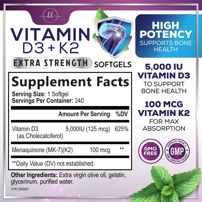 Vitamin D3 K2 - Vitamin D3 (5000 iu) & 100 mcg Vitamin K2 (MK-7) Complex for Immune Support & Bone, Teeth & Muscle Health - Easy to Swallow, Gluten Free, Non-GMO, Bottled in USA - 240 Softgels