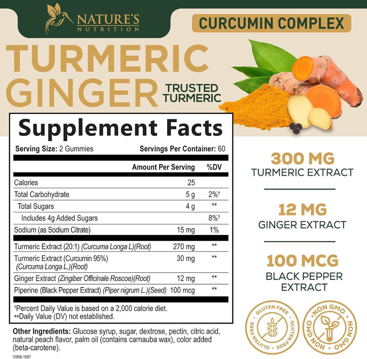 Turmeric Curcumin with Black Pepper Extract & Ginger Gummies, High Absorption Potent 95% Curcuminoids Turmeric Supplement, Nature's Tumeric Curcuma Gummy Pills, Joint Support Capsules