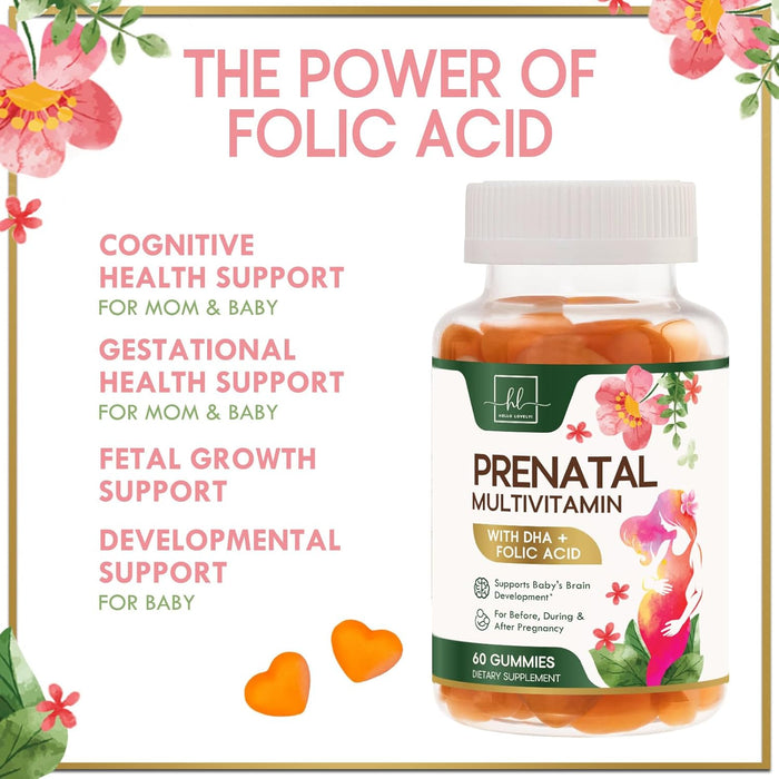Hello Lovely! Prenatal Gummy Vitamins w/Folic Acid & DHA, Womens Prenatal Multivitamin, Choline, Vitamins B6, B12, C, D3 & Folate for Pregnancy Support Supplement, Non-GMO Gluten Free