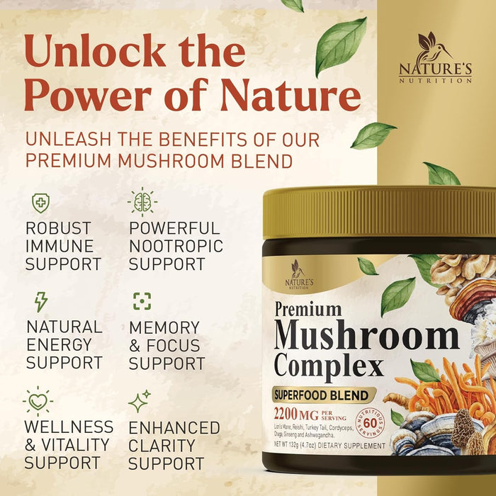 Organic Mushroom Supplement Powder - 11 in 1 Complex Nootropic & Adaptogens Blend, Mushroom Powder, Lions Mane, Cordyceps, Reishi, Chaga, Turkey Tail, Shiitake, Maitake Mushrooms & More - 60 Servings