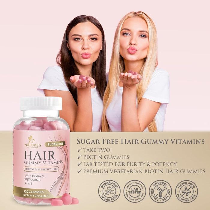 Hair Gummy Vitamins, Sugar Free with Biotin 5000 mcg, Vitamin A, B12, C, D, E, Folic Acid, Supports Hair Growth, Vegetarian Friendly, for Strong, Beautiful Hair and Nails, Non-GMO - 60 Gummies