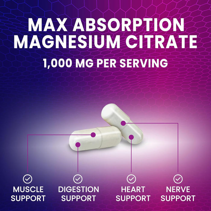 Magnesium Citrate Supplement 1000 mg for Best Absorption, Supports Bone, Heart Health, Nerves, Muscles, Metabolism & Calm, Nature's Pure Magnesio Vitamin Pills, Bottled in USA - 60 Capsules