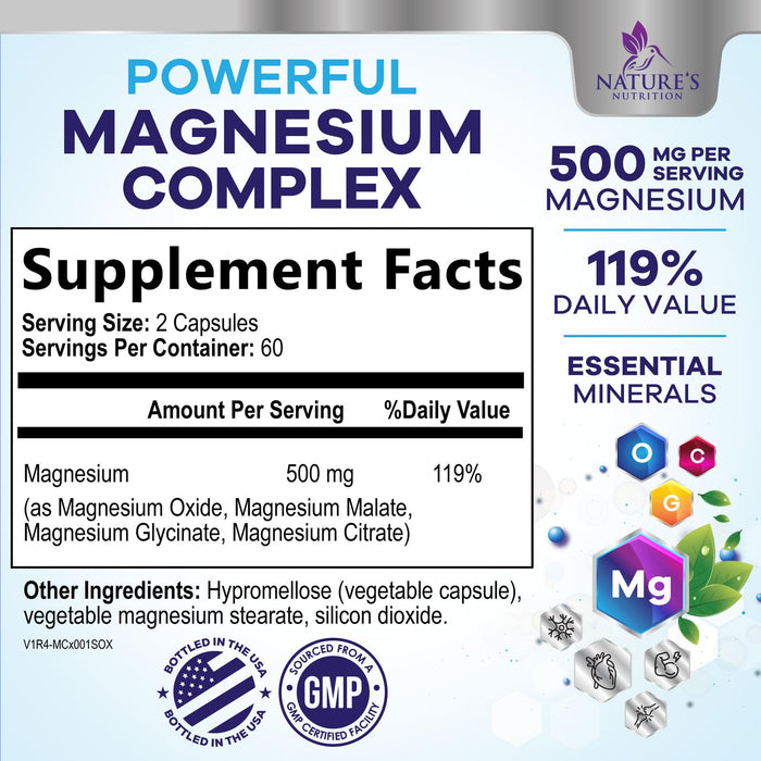 Magnesium Complex Supplement 500 mg - 5 in 1 High Absorption Chelated Magnesium Glycinate, Malate, Citrate, Oxide, Aquamin - Non-GMO Magnesio Capsules, Bone Muscle & Heart Health Support, 120 Capsules